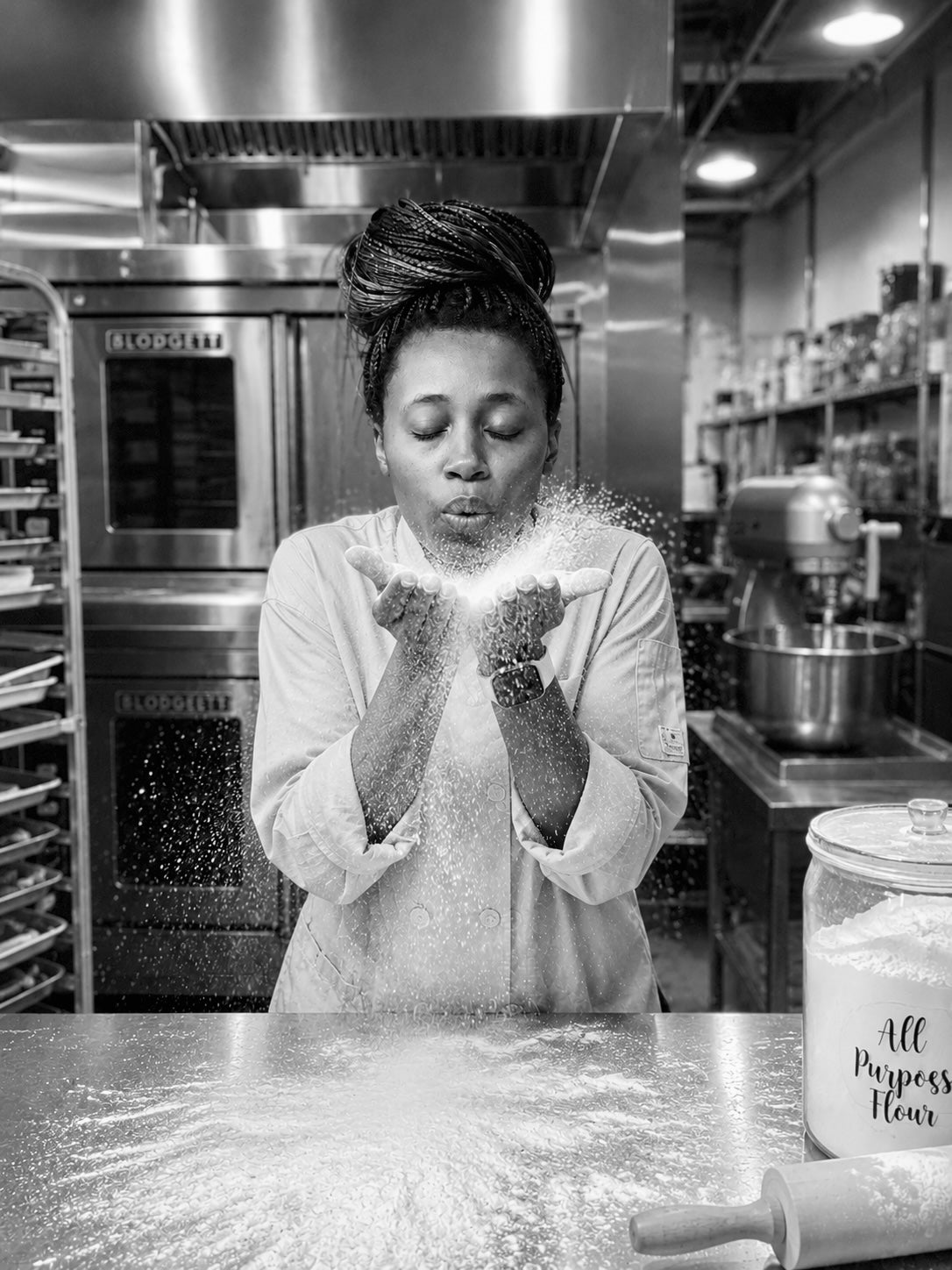 A black and white photograph of a woman in a professional kitchen, blowing flour from her hands into the air. A glass jar labeled 'All Purpose Flour' sits on the counter next to a rolling pin, with industrial ovens and kitchen equipment in the background.